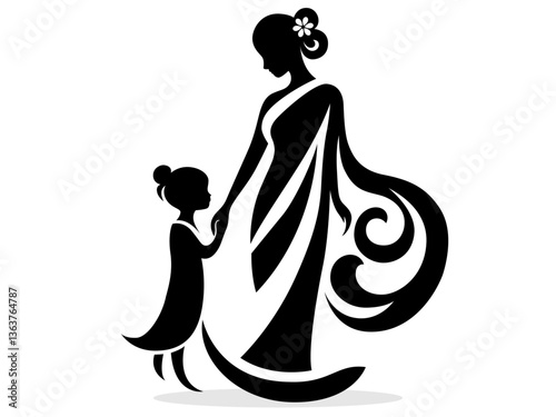 Elegant black silhouette mother and daughter in flowing dress, holding hands. Mother's Day, family love, maternal bond and parenting themes. Woman and girl Silhouette. Silhouette mother and child icon