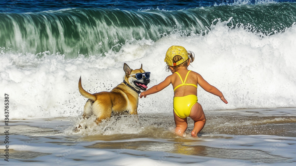 Girl in a yellow swimsuit playing in the ocean at the beach with her dog wearing funny sunglasses during their summer vacation, filled with fun and companionship