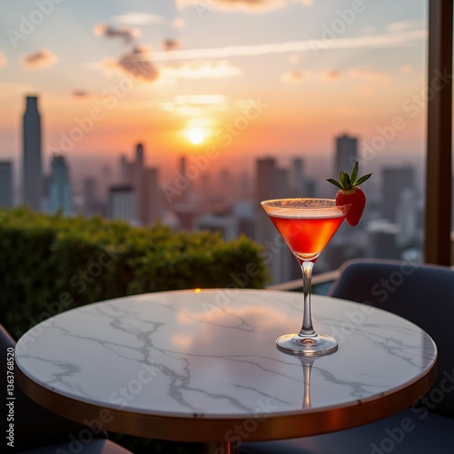 cocktail glass round table view city skyline background glass filled red cocktail has strawberry garnish rim table located balcony railing two chairs around sky orange pink indicating either sunrise