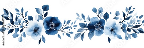 Floral print vector vintage illustration featuring blue flowers and leaves for use in backgrounds, invitations, or patterns