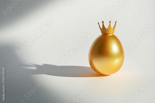 Golden egg with miniature crown on white background