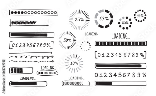 Loading bar doodle set. Hand drawn element line loading sketch style. Slow isolated download speed, progress status and internet load bar concept. 