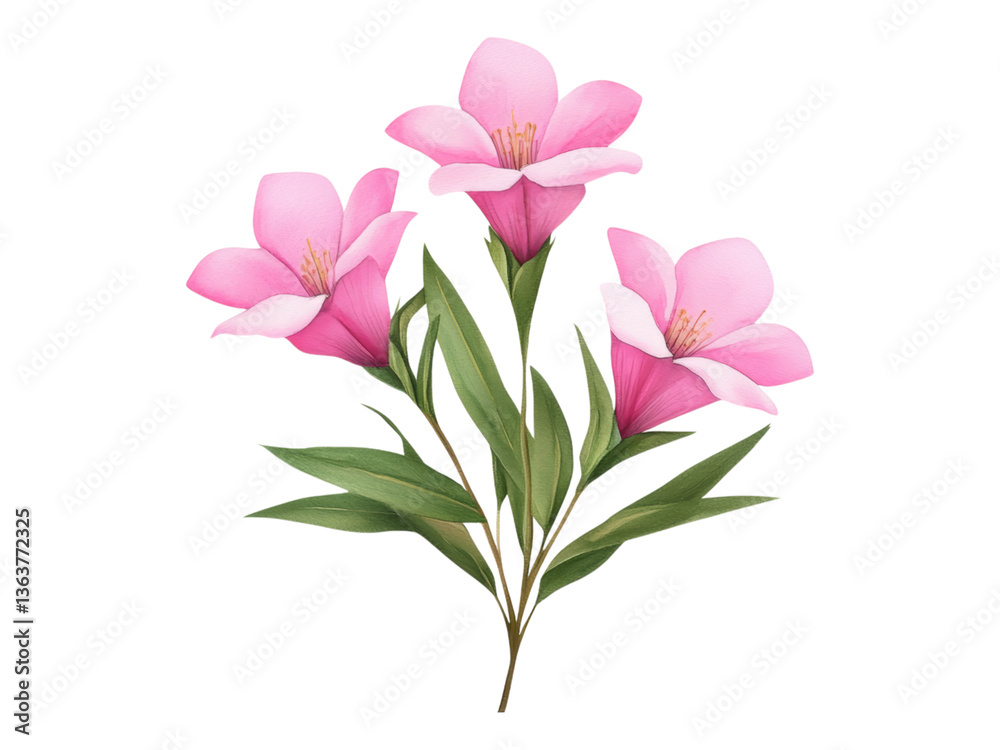 Pink Flowers with Green Leaves on White Background Pink Flowers with Green Leaves on White Background