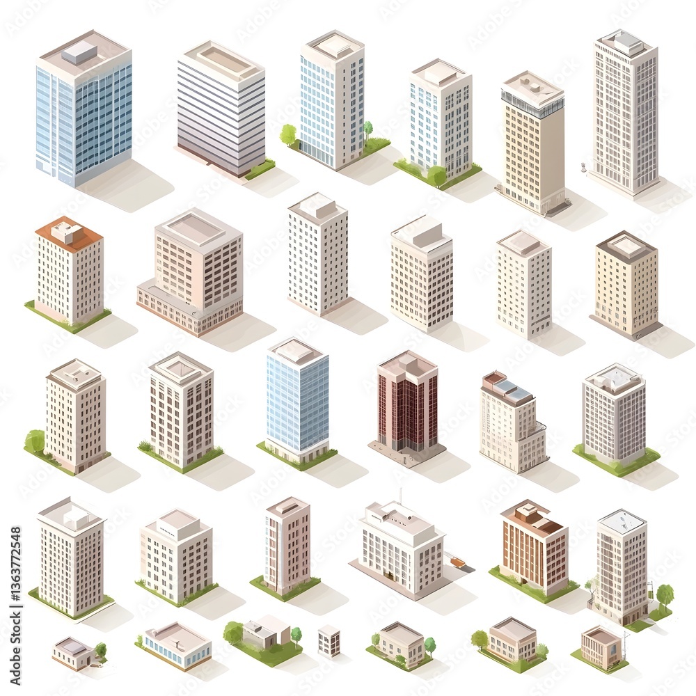 Isometric Architectural Cityscape with Modern High Rise Buildings Office Towers and Residential Apartments in a Geometric Layout Isometric Architectural Cityscape with Modern High Rise Buildings Office Towers and Residential Apartments in a Geometric Layout