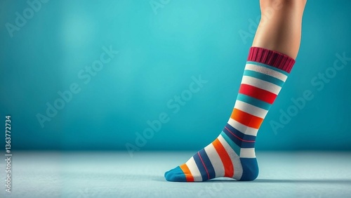 Legs adorned with various striped socks against a backdrop featuring copy space Awareness concept