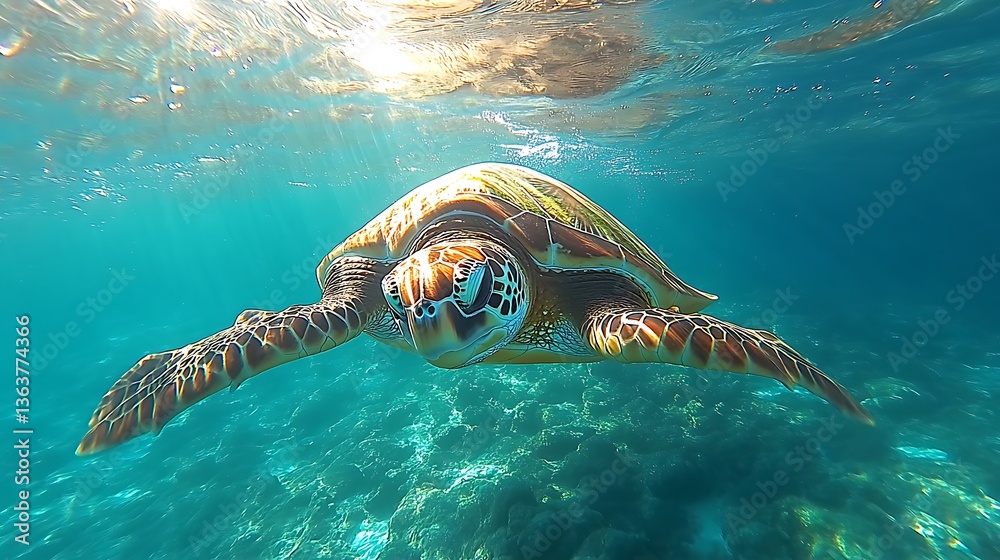 Fototapeta premium Sea Turtle Swimming Underwater in Clear Ocean, A sea turtle swimming underwater in clear blue ocean waters, surrounded by rocks and coral