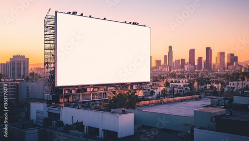 Fototapeta Naklejka Na Ścianę i Meble -  Blank billboard atop building at city sunset