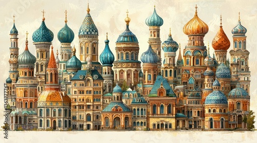 A Panoramic View of  Moscow's Iconic Domes and Churches: A Rich Tapestry of  Russian Architecture