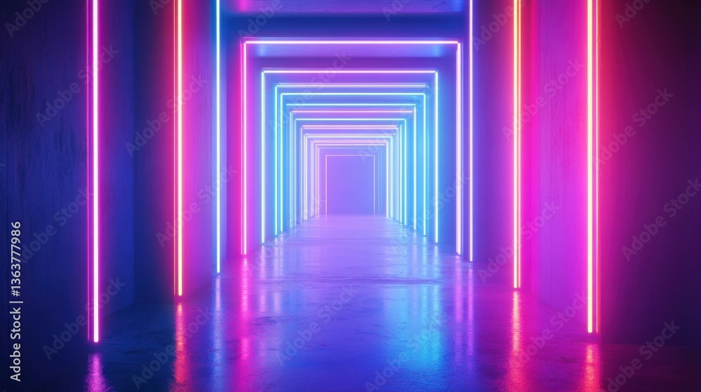 Fototapeta premium Neon glowing buliding sign, abstract background.