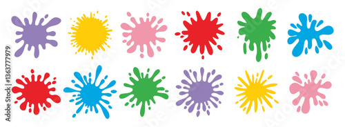 Colorful splatters different shapes. Bright stains and splashes. Ink blots collection clipart elements.