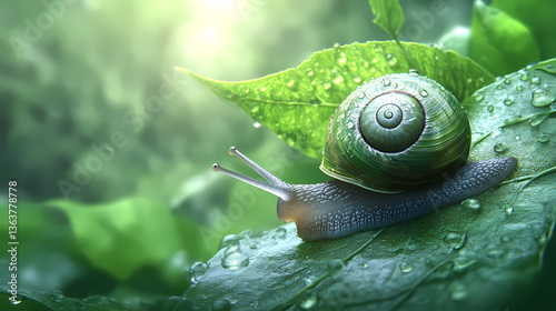 A delicate, dew-kissed periwinkle snail slowly makes its way up a lush green leaf in a serene, misty. Dew-Kissed Shell. Illustration