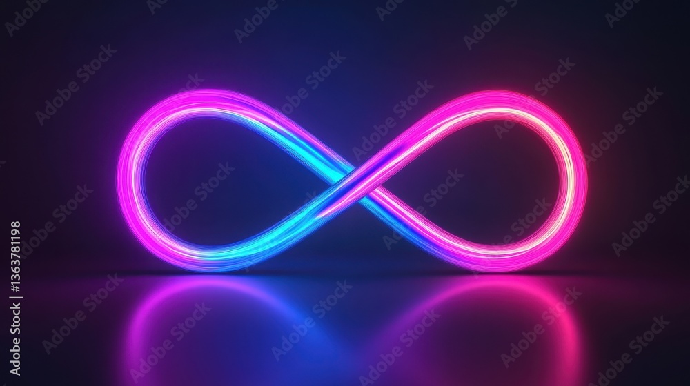 Neon glowing infinity sign lines , text lorem background;. Neon glowing infinity sign lines , text lorem background;.