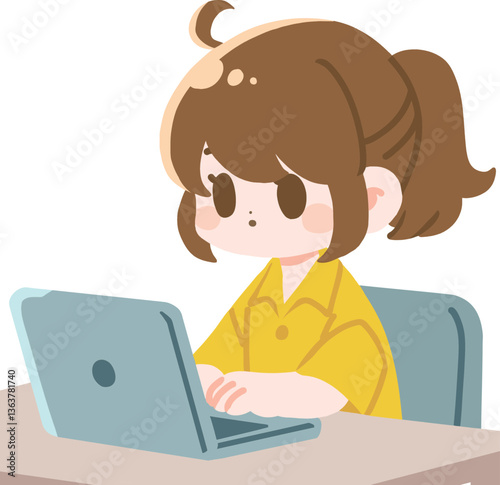 ノートパソコンで作業をするポニーテールの女性　主線なし
