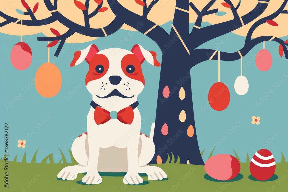 Fototapeta premium Cute dog sitting under easter egg tree with colorful decor