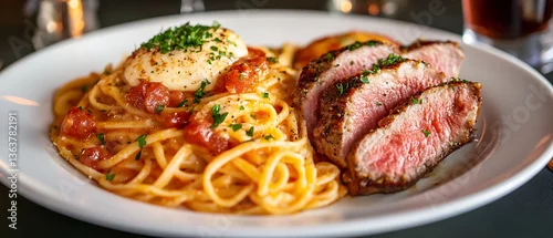 Obraz  z motywem Pasta and Steak Dinner Plate