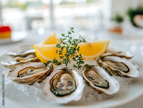 Fresh oysters arranged on a plate with lemon and herbs