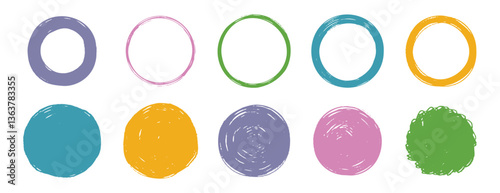 Scribble grunge circle vector frame set. Hand drawn rough colorful scribble round line. Crayon brush stroke scribble frame. hand drawn doodle circle set.