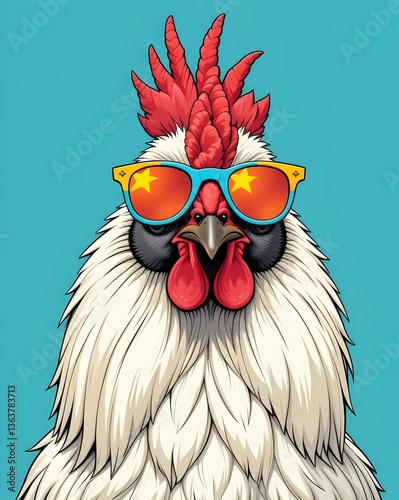 a silkie chicken cartoon illustration wearing cool sunglasses, cool, funny, cute, bird, poultry, farm animal, stylish, hipster chicken, funny chicken, silkie chicken, animal cartoon, cool bird, quirky