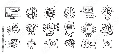 Artificial Intelligence Icons grunge chalk hand drawn doodle Brush set. Outline AI drawing crayon 