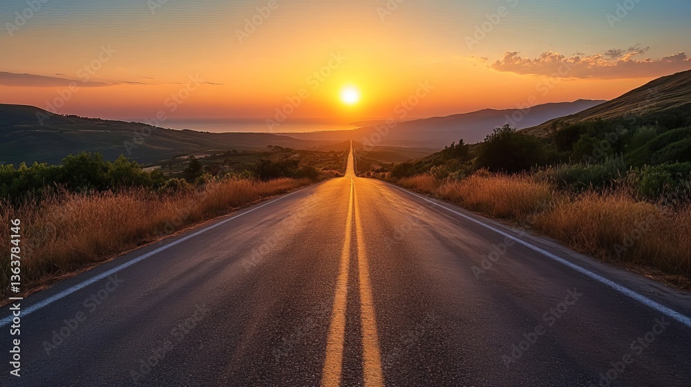 Naklejka premium Scenic Sunset Highway Road Trip Summer Travel Golden Hour Asphalt Road Journey Vacation Destination Landscape Photography Open Road Summertime Adventure Beautiful Sunrise Golden Light Peaceful Serene