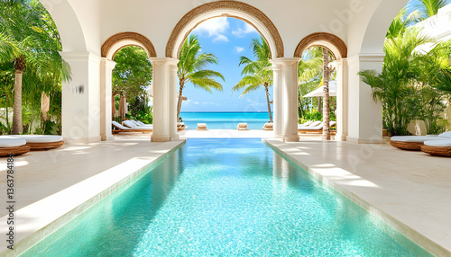 Wallpaper Mural Tranquil poolside view through arched entryway, leading to pristine beach and ocean Torontodigital.ca