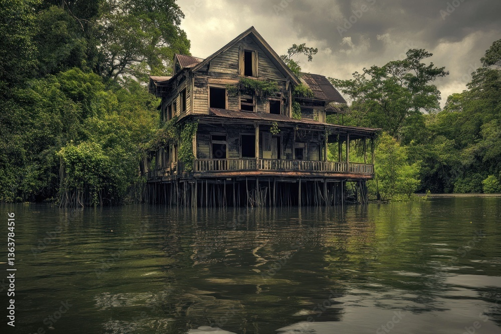 An abandoned two story house stands surrounded by swampy water An abandoned two story house stands surrounded by swampy water