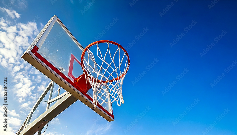 Naklejka premium Generated image basketball ring with blue sky as the background; copy space; ring placed on the corner
