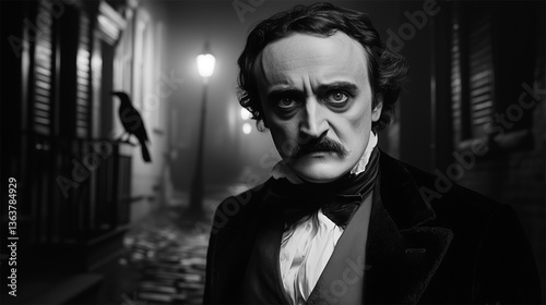 Portrait of Edgar Allan Poe with raven in foggy gothic alley
 photo
