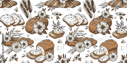 Bakery Bread Pattern Sketch Vintage Flower Loaf Background Doodle Patisserie Vector