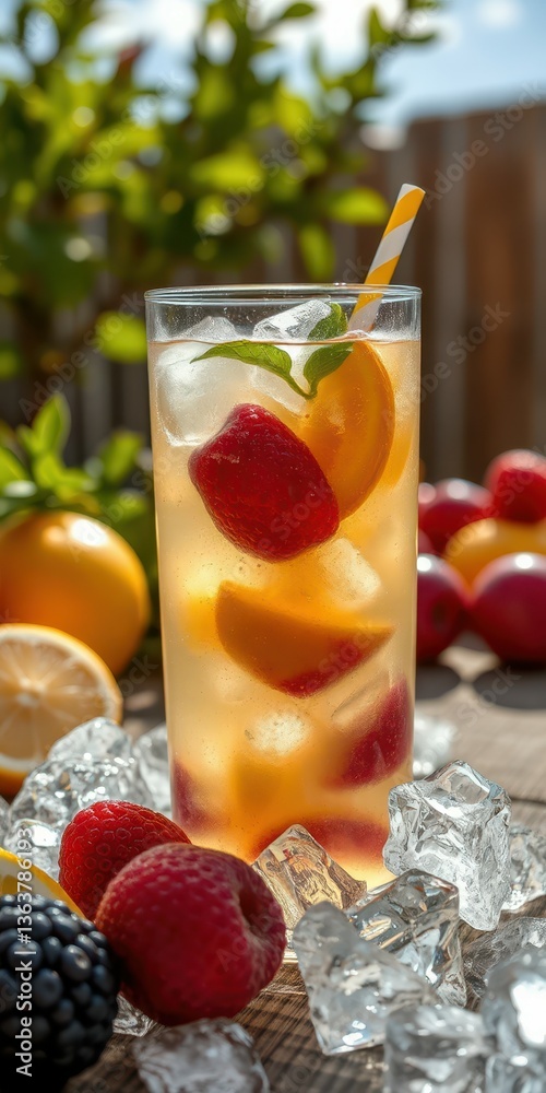 Refreshing summer beverage with strawberries and citrus fruits garnished with mint beside fresh fruit on a sunny day Refreshing summer beverage with strawberries and citrus fruits garnished with mint beside fresh fruit on a sunny day
