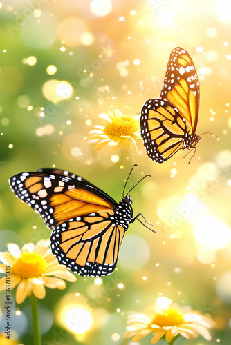 Two orange butterflies hover near yellow daisies in a sunlit garden