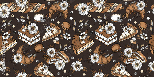 Baked good cake pie bread macaron seamless pattern vector