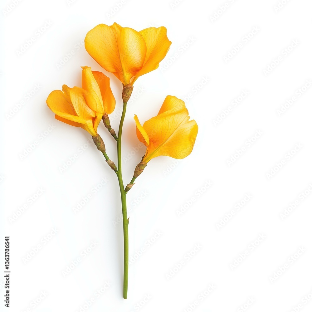 Fototapeta premium A stunning amber iris blooms against a pure white backdrop, highlighting its intricate petals and vibrant color.
