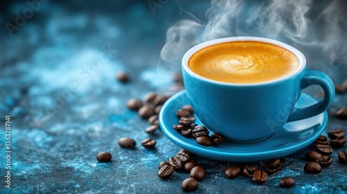 Aromatic Steam Rising from a Blue Cup of Coffee