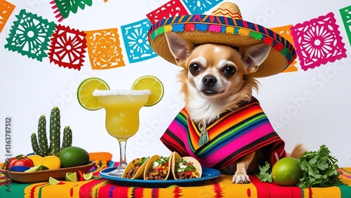Cute chihuahua in a traditional mexican sombrero celebrating Cinco de mayo