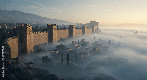 Captivating Aerial View of Ancient Fortress Surrounded by Mystical Fog at Sunrise, Showcasing the Rich History and Serenity of the Landscape