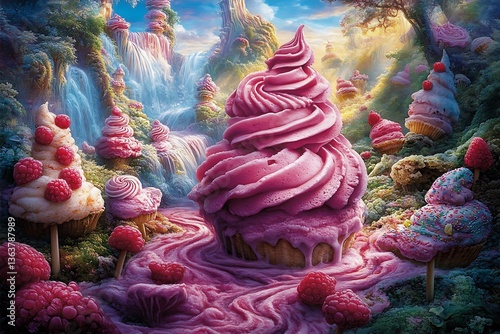 A fantastical landscape filled with giant cupcakes and waterfalls