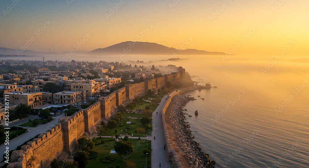 Obraz premium Enchanting Aerial View of Coastal Fortifications at Sunrise, Bathed in Golden Light, Showcasing the Beauty of Historical Urban Landscapes