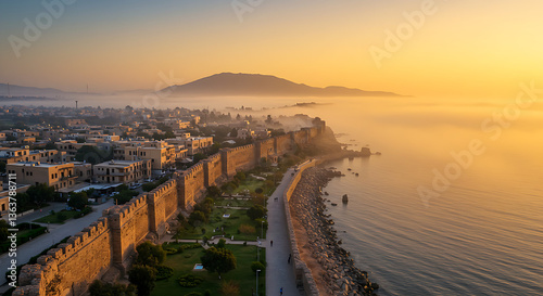 Enchanting Aerial View of Coastal Fortifications at Sunrise, Bathed in Golden Light, Showcasing the Beauty of Historical Urban Landscapes