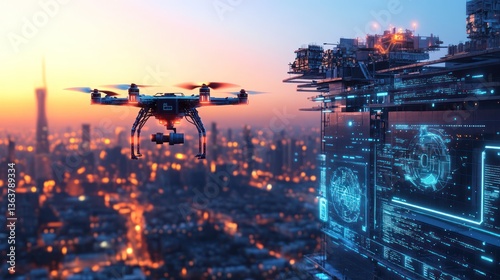 Futuristic drone surveillance over cityscape.  High-tech control panel displays data visualizations