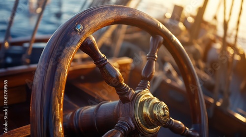 Fototapeta Naklejka Na Ścianę i Meble -  Sailing ship wheel sunset ocean voyage travel