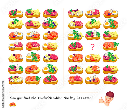 Can you find the sandwich which the boy has eaten? Logic puzzle for smartest. Educational game. Page for kids brain teaser book. Task for attentiveness. Play online. Flat vector illustration.