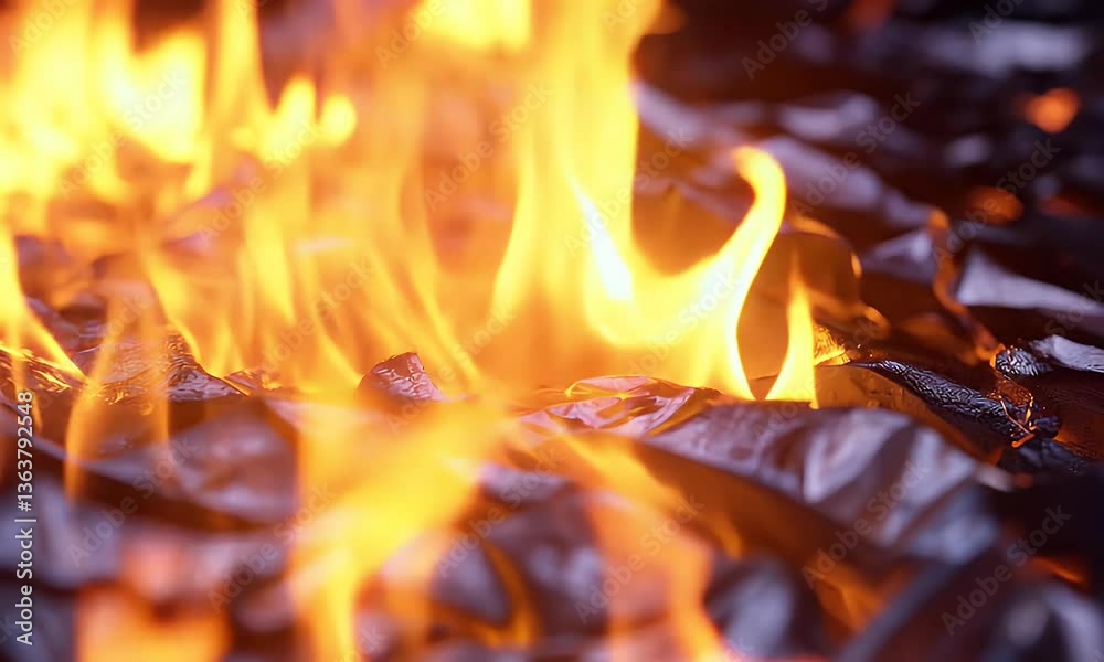 Yellow and orange flames burn intensely amidst black paper, creating a dramatic scene of heat and destruction