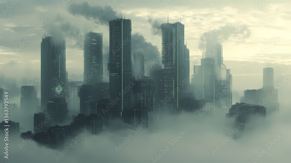 Futuristic industrial complex shrouded in mist, against a cloudy sky. Shrouded Evolution. Illustration Futuristic industrial complex shrouded in mist, against a cloudy sky. Shrouded Evolution. Illustration