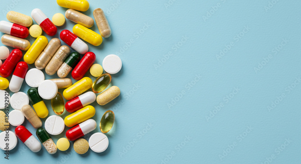 pastillas y cápsulas sobre fondo azul con espacio para texto pastillas y cápsulas sobre fondo azul con espacio para texto
