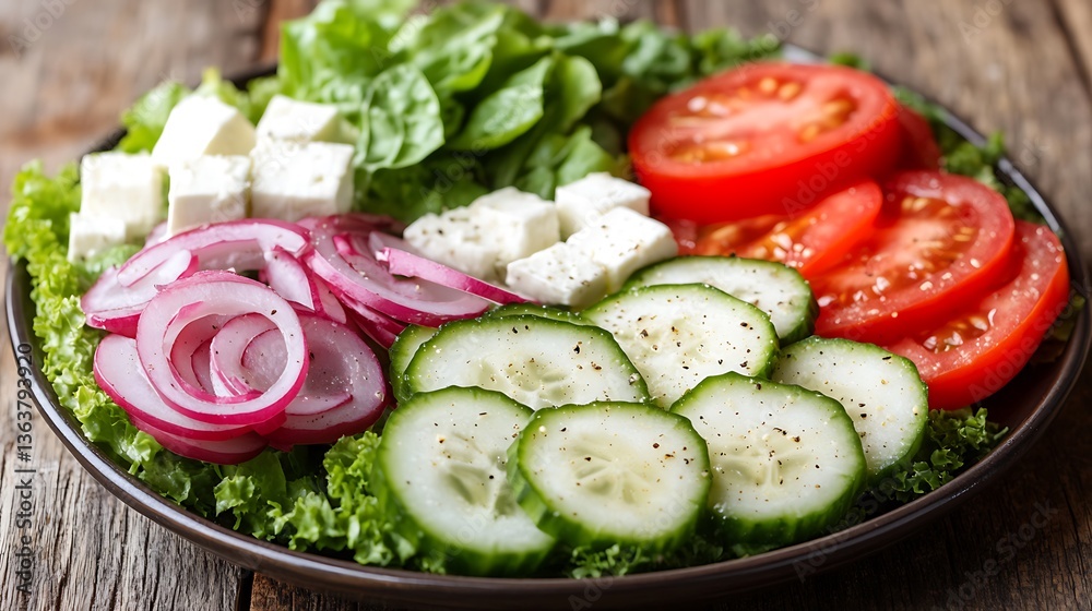 Fresh salad with feta, tomatoes, cucumbers, red onion, and spinach on a dark plate. Fresh salad with feta, tomatoes, cucumbers, red onion, and spinach on a dark plate.