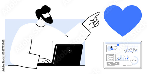 Man working on laptop, pointing at a blue heart representing satisfaction near a data dashboard. Ideal for analytics, customer care, business growth, marketing, strategy, engagement, performance