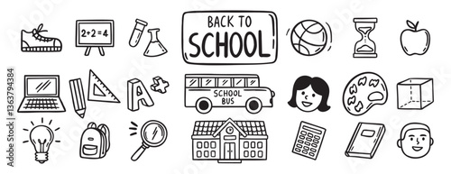 Back to School doodle hand drawn icon set. Outline drawing school items line clipart symbol collection 