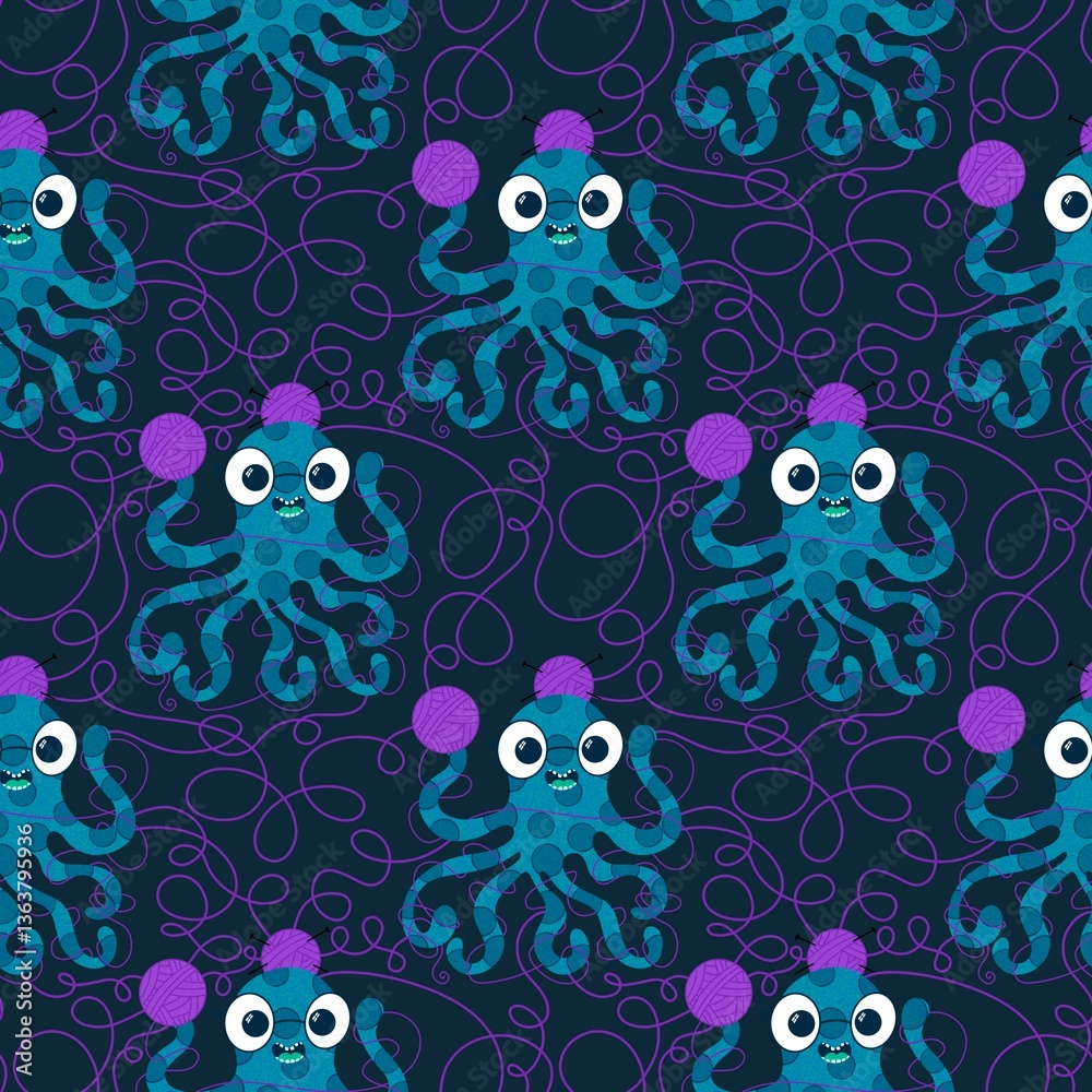 Obraz premium Cartoon sea animals seamless octopus and knitting pattern for hobby accessories and fabric and linens
