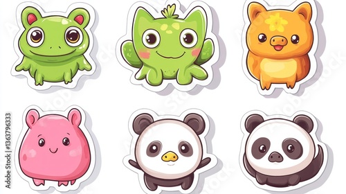 Adorable cartoon animals stickers;  cute frog, cat, pig, panda designs; white background; for kids' products photo